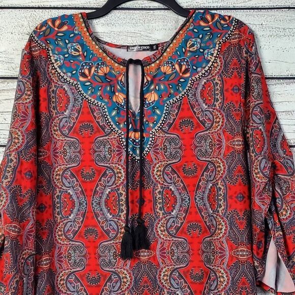 Urban CoCo XXL Boho Tunic Top Paisley Print Red Blue Tassel Neck 3/4 Sleeve Stre - Picture 2 of 7